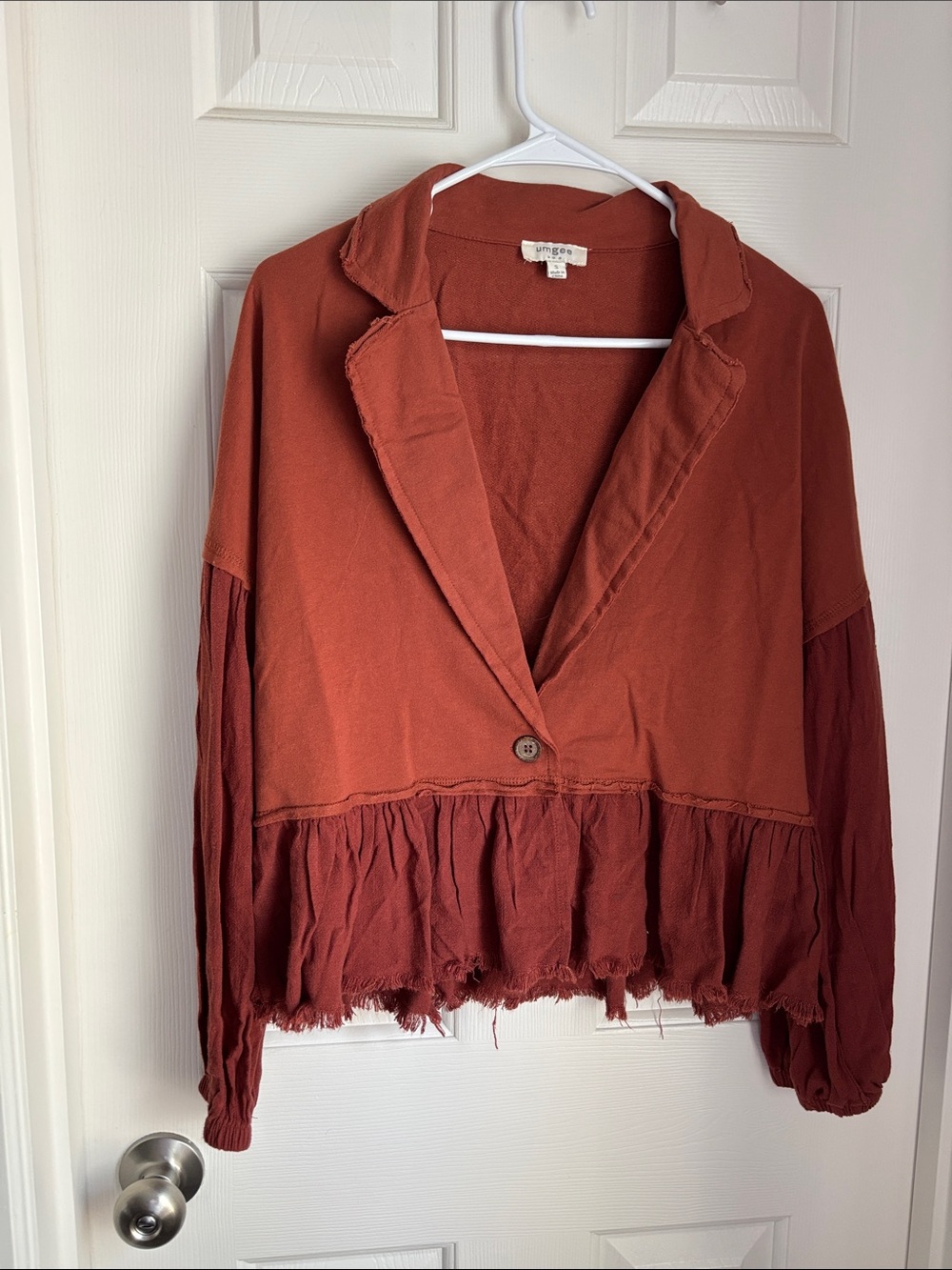 Umgee Rust Two-Tone Ruffle Hem Button Front Jacket